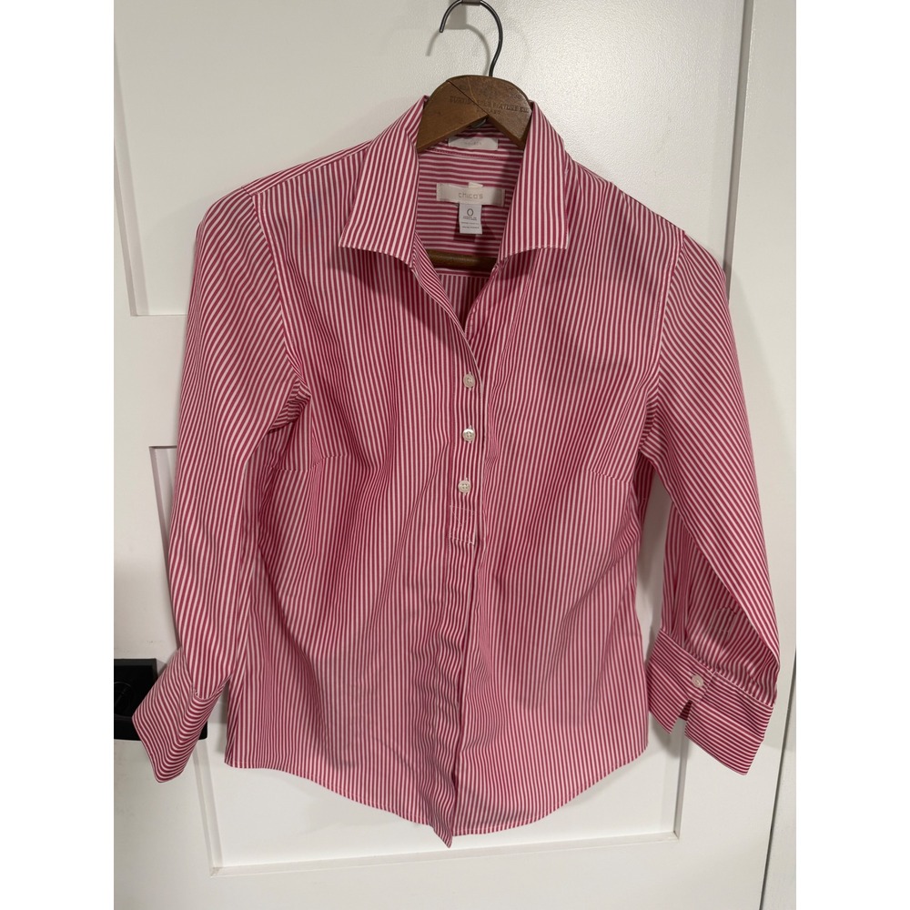 Chicos No-Iron Pink White Striped Button Down Shirt Tencel Size 0 Small